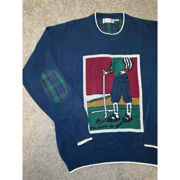 VTG 1990s Grandpacore Golf Sweater All Over Print  XL Ugly Sweater Elbow Patches - Picture 8 of 10